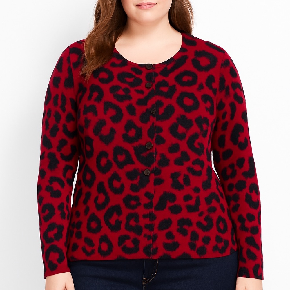 Talbots Womens Cardigan Sweater Large Merino Wool Animal Print Dark Romantic Red